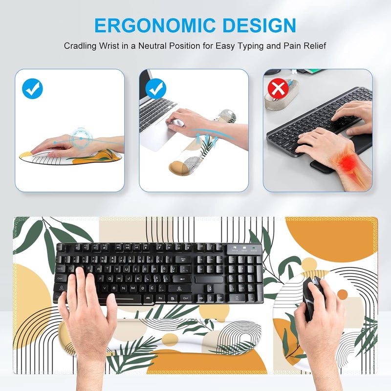 iCasso Mouse Pad and Keyboard Wrist Rest Set, 4in1 XXL Large Mousepad +Keyboard Pad+Mouse Wrist Rest+Coaster with Wrist Support, Ergonomic Desk Pad Mat for Home Office Table Computer-Elm Leaf - Image 3